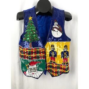 VTG Blue Sequin Christmas Vest MEDIUM Womens Ugly Sweater Holiday 100% Silk